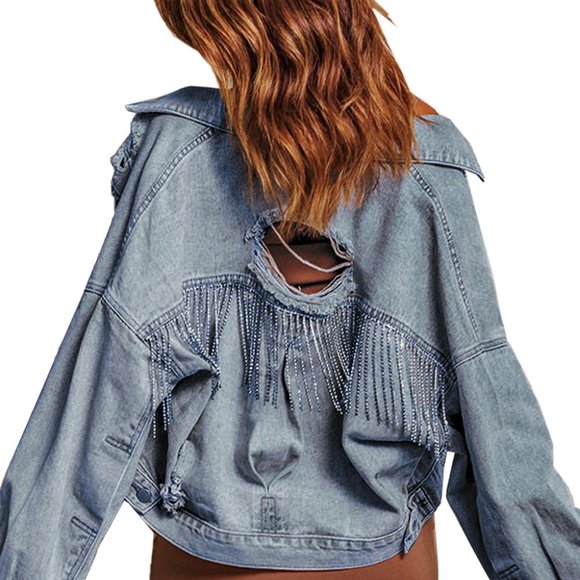 Sky Blue Rhinestone Fringe Denim Jacket - Picture 15 of 15